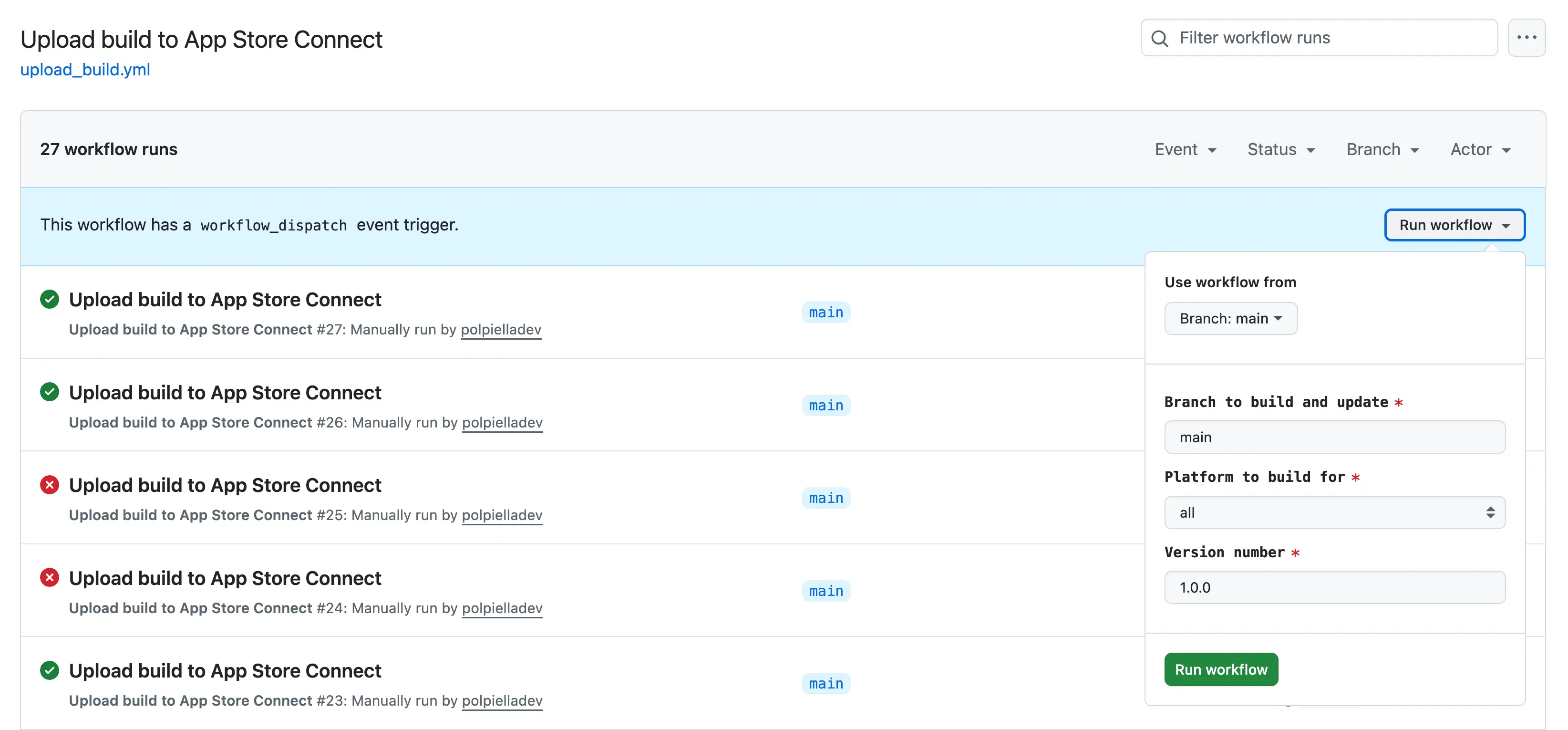 A screenshot of the GitHub Actions workflow for uploading a multi-platform app to App Store Connect