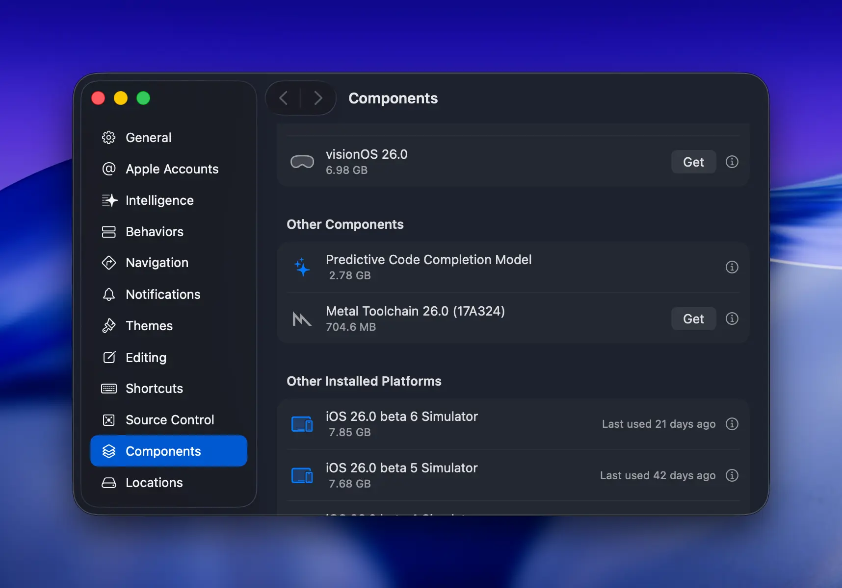 An image of the Metal toolchain download page in Xcode's preferences