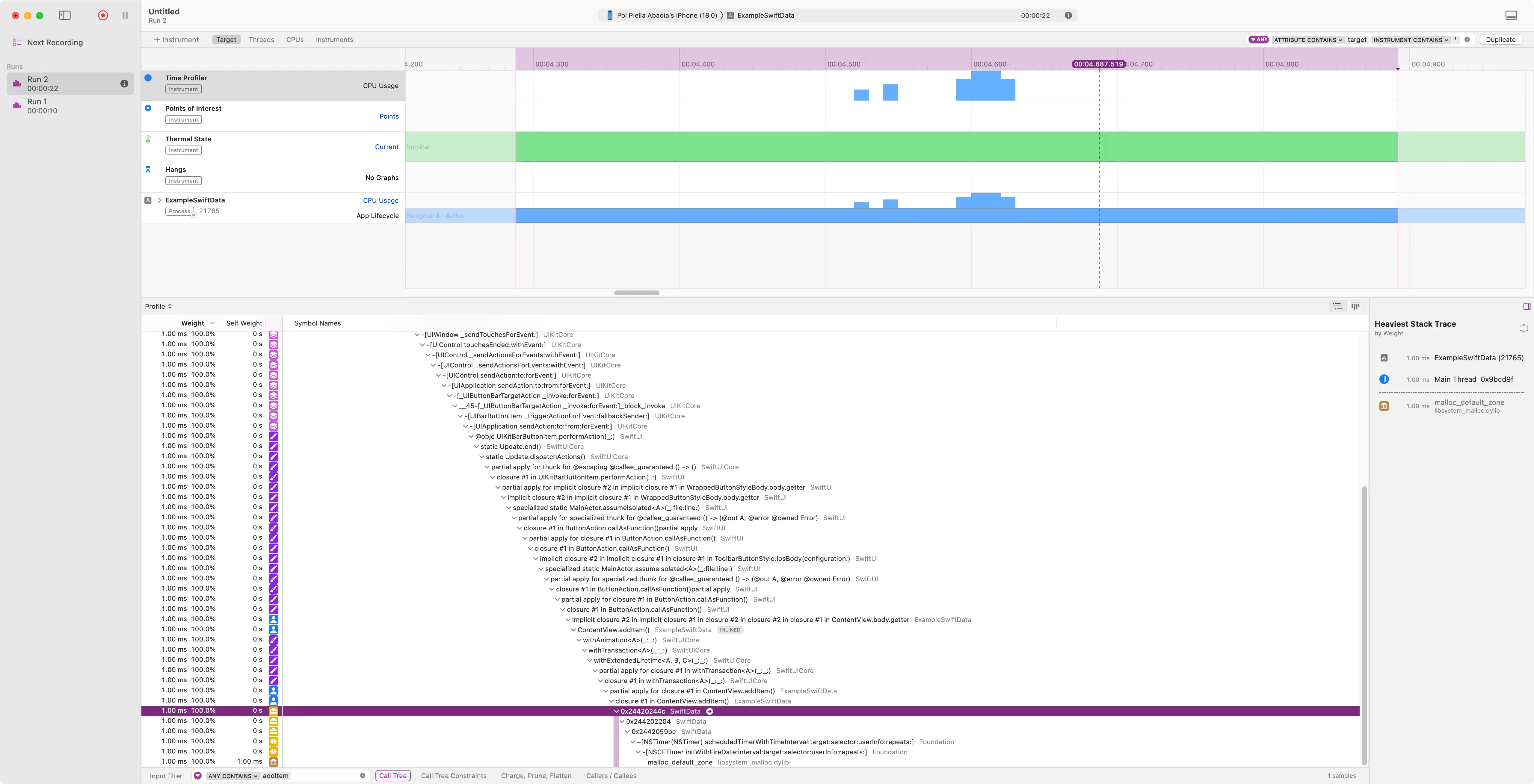 A screenshot of Xcode's Time Profiler instrument showing that Swift Data insertion happens on the Main Thread