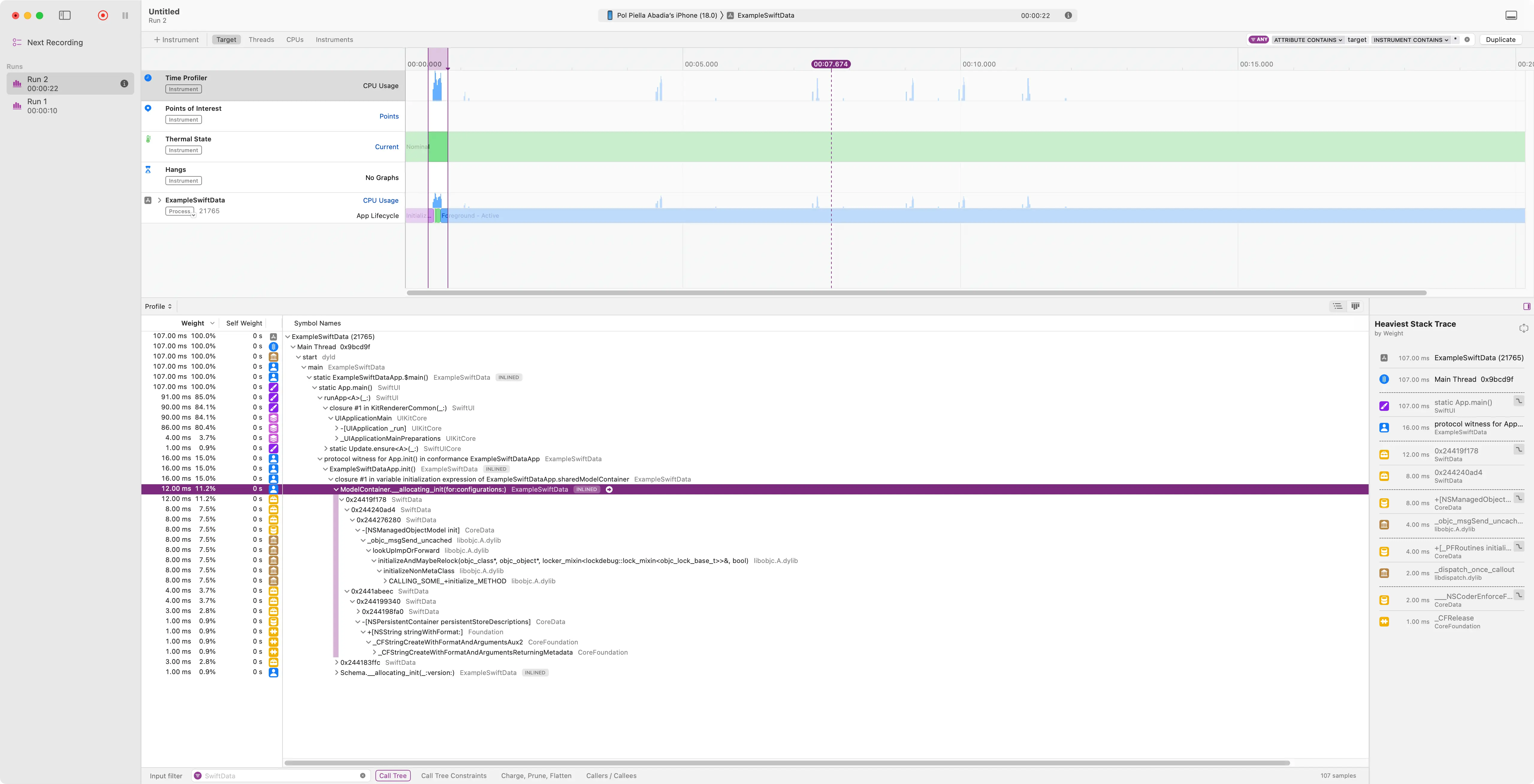 A screenshot of Xcode's Time Profiler instrument showing that Swift Data initialisation happens on the Main Thread